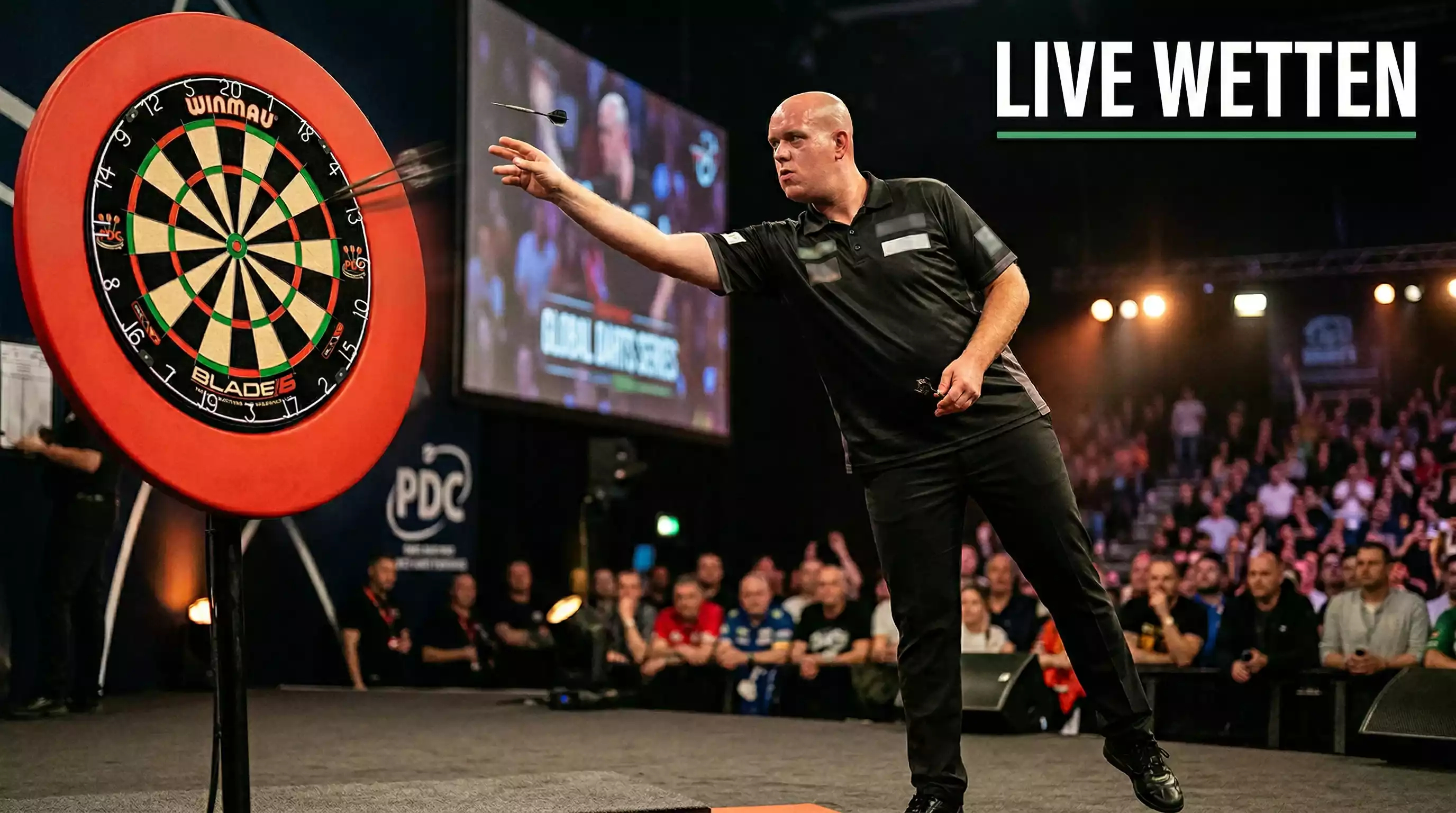Darts Live Wetten – Profi-Spieler wirft Pfeil auf Dartboard mit Live-Quoten-Anzeige