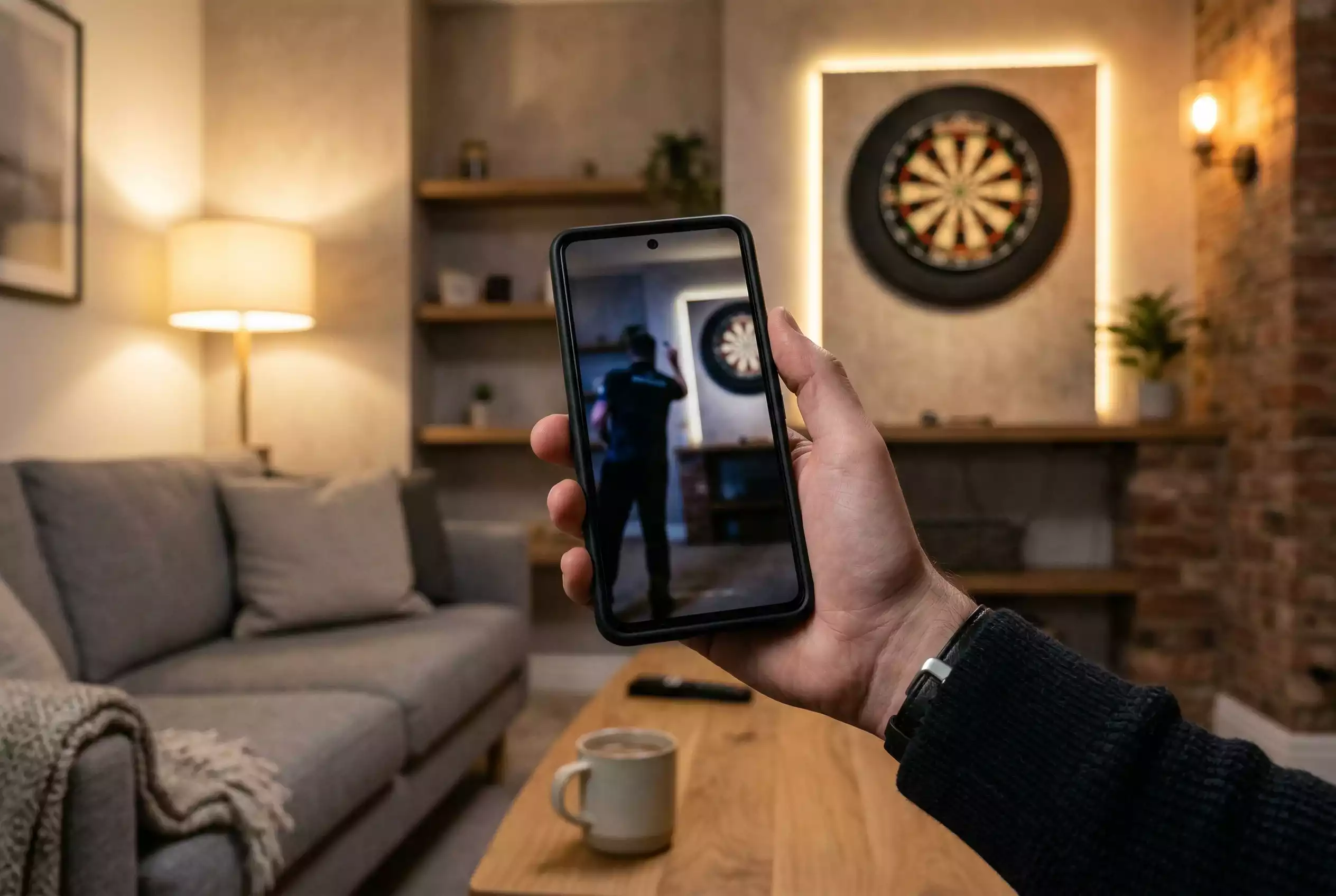 Darts Wettanbieter – Smartphone mit Darts Live-Stream neben Dartscheibe